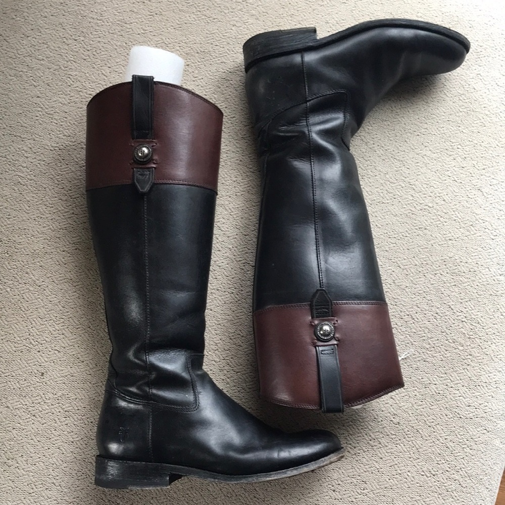 Frye Jayden Two Toned Black and Brown Riding Boots